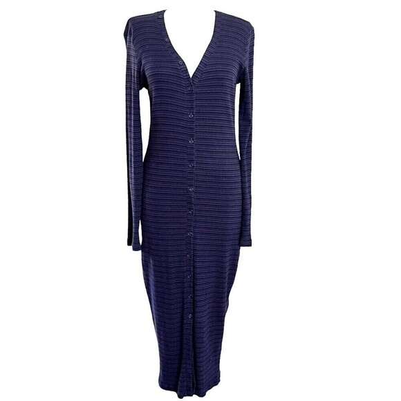 Sundry Button Front stretch Dress Striped Long Sleeve purple blue 2 M - Picture 1 of 10